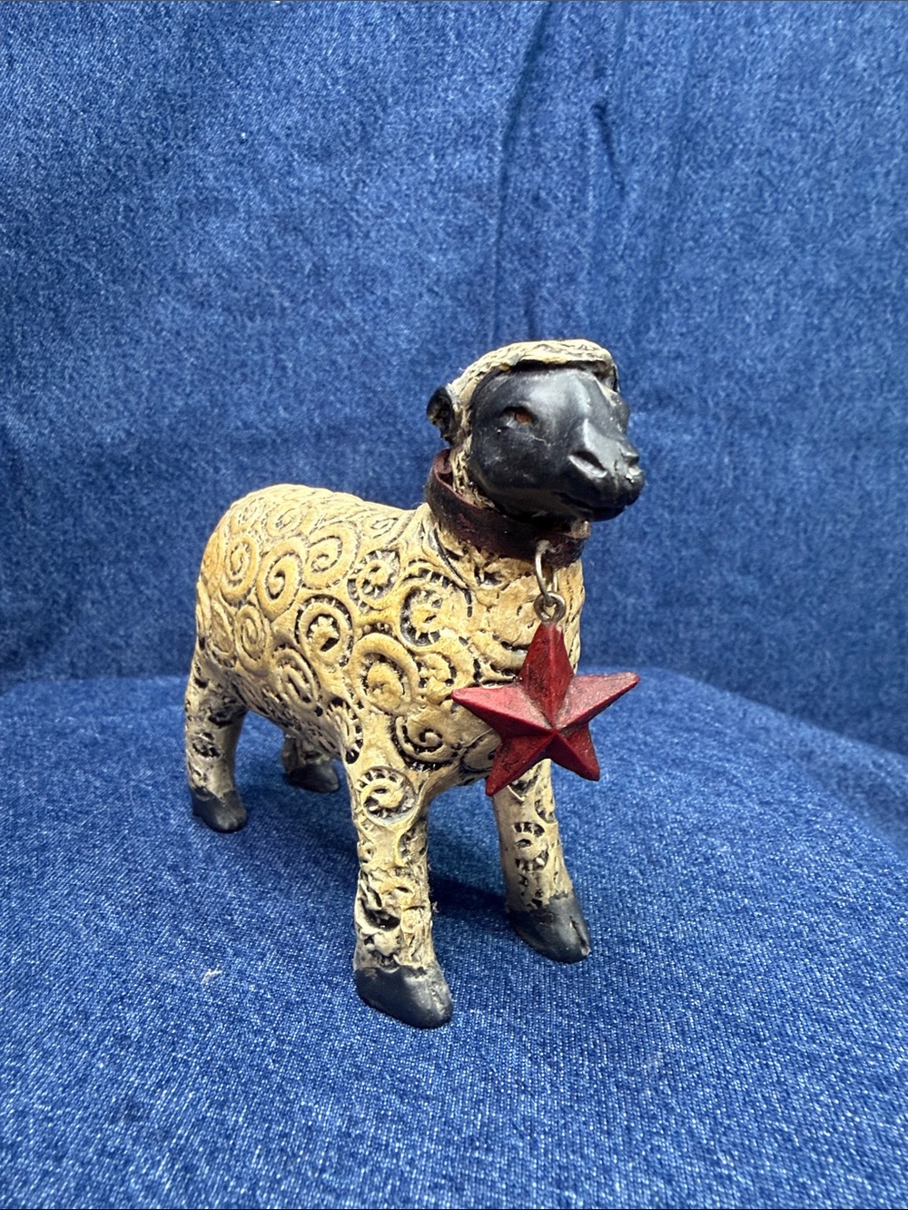 Rustic Cream Sheep Figurine with Red Star Ornament